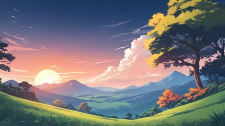 Fantasy landscape. Mountain, forest and meadow at sunset.の素材