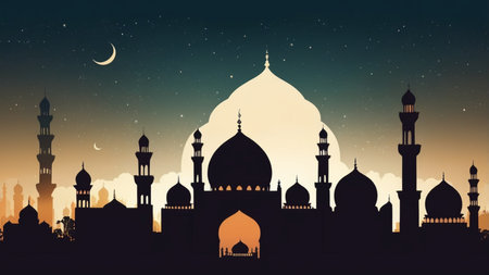 Ramadan Kareem background with mosque and moon. Vector illustration.の素材