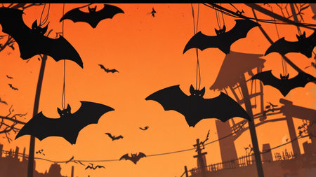 Halloween background with flying bats on orange sky. Halloween concept.の素材