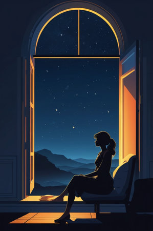 Young woman sitting on a chair and looking at the night sky through the windowの素材