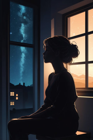 Silhouette of a beautiful woman sitting by the window and looking at the milky wayの素材