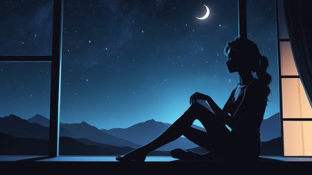 Silhouette of a beautiful woman sitting on the window at nightの素材