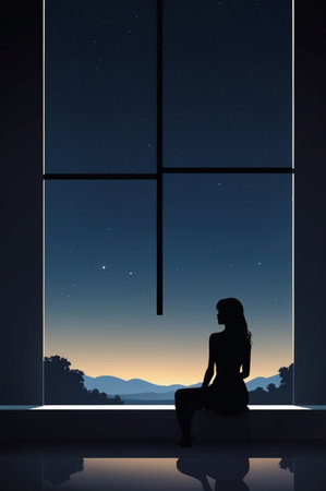 Silhouette of a woman sitting on the windowsill at nightの素材