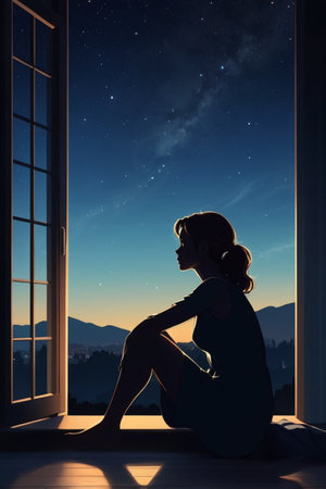 Silhouette of a beautiful young woman sitting on the windowsill and looking at the night sky.の素材