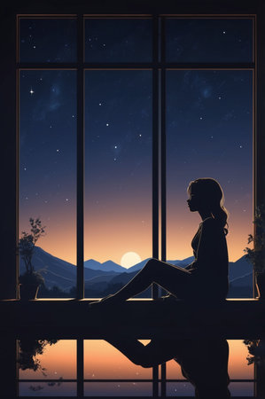 Silhouette of a girl sitting on a window sill at nightの素材