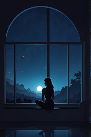 Silhouette of a woman meditating in front of the window at nightの素材