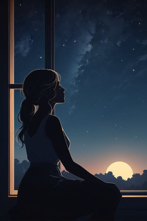 Young woman sitting on window sill at night and looking at the moonの素材