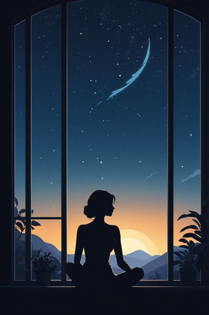 Silhouette of a woman meditating on the balcony at nightの素材