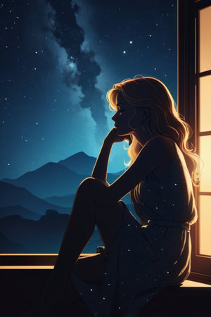 Young woman sitting on window sill and looking at night starry skyの素材