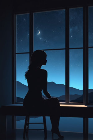 Silhouette of a girl sitting on a window sill and looking at the night skyの素材