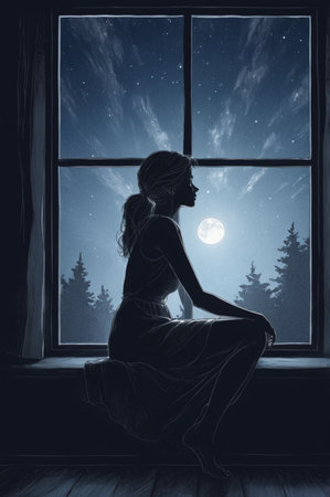 Silhouette of a beautiful woman sitting on the windowsill in front of the night sky.の素材
