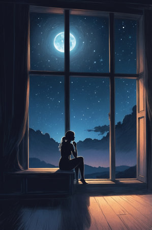 Silhouette of a girl sitting on the windowsill and looking at the night skyの素材