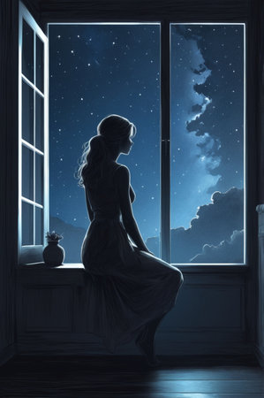 Woman sitting on window sill and looking at night starry sky.の素材