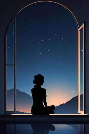 Silhouette of a woman meditating on a window at nightの素材