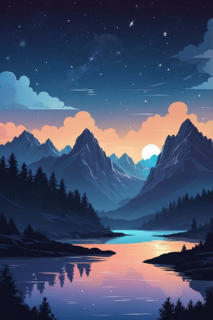 Landscape with mountains, lake and forest at night. Vector illustration.の素材