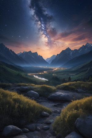 Mountain landscape with river and starry sky. 3D renderingの素材
