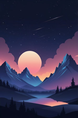 Night landscape with mountains, lake and sky with stars. Vector illustration.の素材