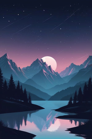 Landscape with mountains and lake in the night. Vector illustration.の素材