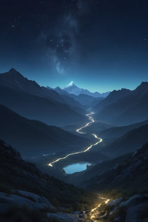 Beautiful view of Himalayas mountains and lake at night.の素材