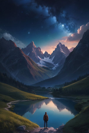 Man standing at the edge of a mountain lake and looking at the mountains at nightの素材