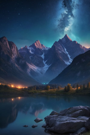 Mountain landscape at night with stars in the sky and a lakeの素材