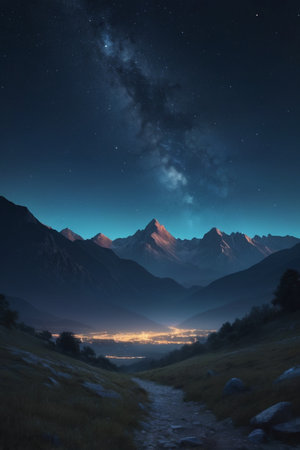 Mountain landscape at night with stars and milky way, Nepalの素材