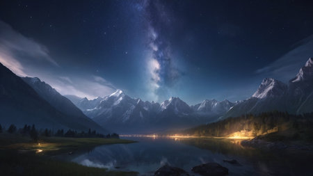 Mountain lake at night with starry sky and milky wayの素材