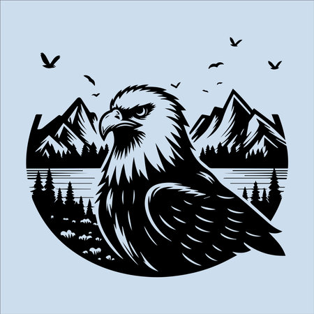 Eagle on the background of mountains and lake. Vector illustration.のイラスト素材