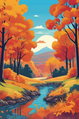 Autumn Landscape with Mountain Fuji and river. Vector Illustrationの素材