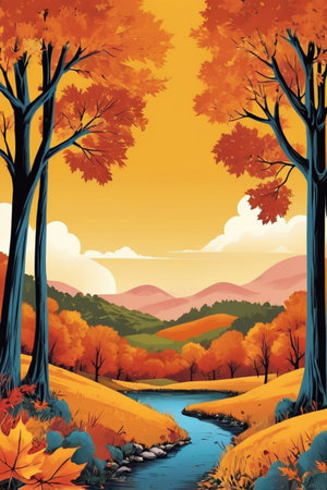 Autumn landscape with river, forest and mountains. Vector illustration.の素材