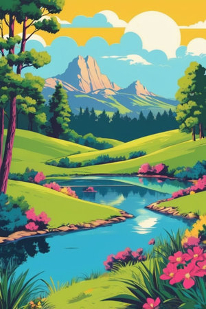 Beautiful summer landscape with lake and mountains. Cartoon style. Vector illustration.の素材
