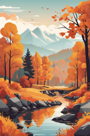 Autumn landscape with river, trees and mountains. Vector illustration.の素材