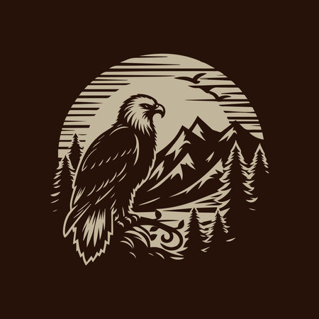 Eagle with mountains in the background. Vector illustration in retro style.のイラスト素材