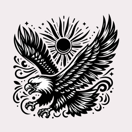 Eagle and sun. Tattoo design. Vector illustration isolated on white background.のイラスト素材