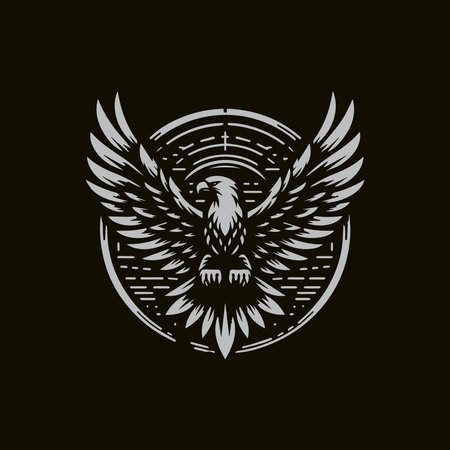 Eagle head with wings and shield on black background. Vector illustration.のイラスト素材