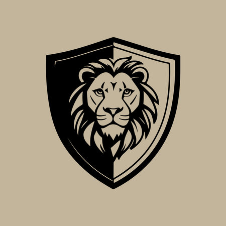 Lion head in shield vector illustration. Lion head logo template.のイラスト素材