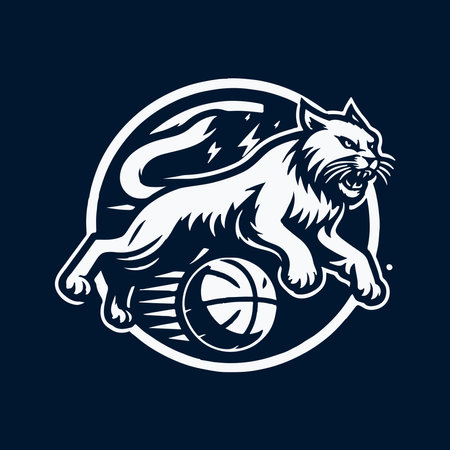 Illustration of a cat playing basketball viewed from front set inside circle on isolated background done in retro style.のイラスト素材