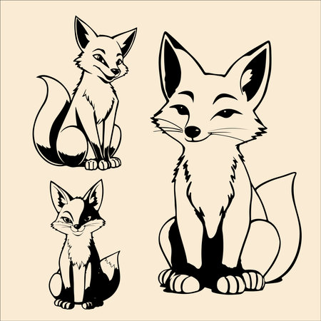 Set of cute foxes in black and white. Vector illustration.のイラスト素材