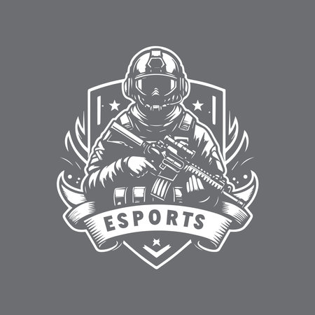 Fireman with assault rifle. Vintage monochrome vector emblem.のイラスト素材