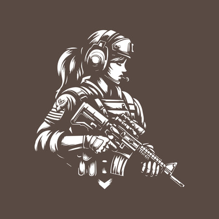 Soldier girl with assault rifle. Vector illustration isolated on dark background.のイラスト素材