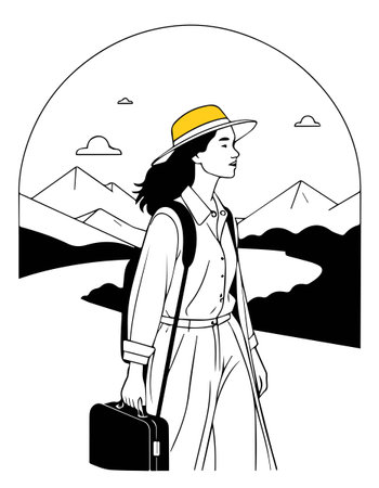 Tourist woman with a suitcase on the background of mountains. Vector illustrationのイラスト素材