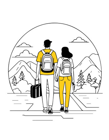 young couple with travelbag in the landscape vector illustration design vector illustration designのイラスト素材