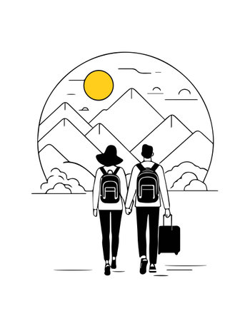Couple of tourists with backpacks walking in the mountains, vector illustrationのイラスト素材