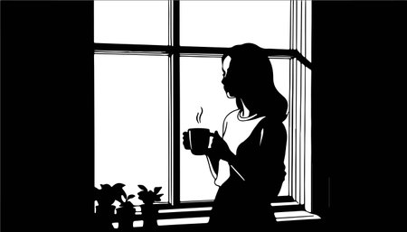 silhouette of a girl with a cup of coffee at the windowのイラスト素材