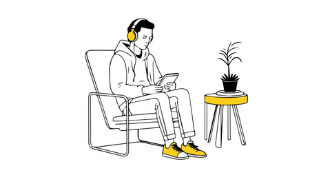 Man listening to music with headphones and tablet. Vector line art illustration.のイラスト素材