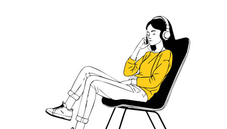 Young woman listening to music on headphones sitting on a chair. Vector illustration.のイラスト素材