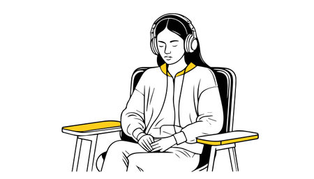 Illustration of a young woman listening to music with headphones on a chairのイラスト素材