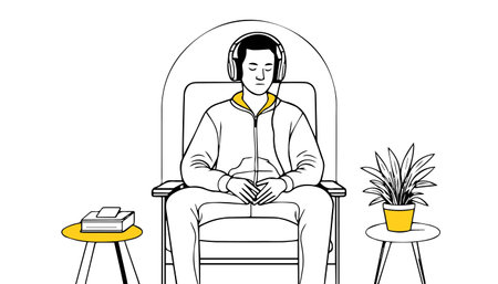 Man listening to music in headphones sitting in armchair. Vector illustration.のイラスト素材