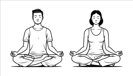 Man and woman practicing yoga in lotus position. Vector illustration.のイラスト素材