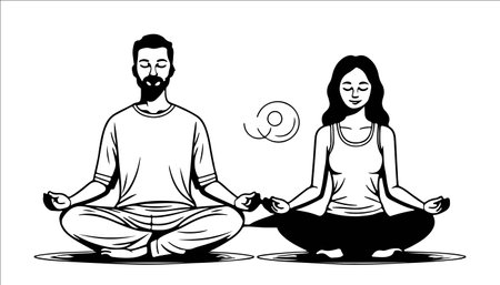 Man and woman meditating in lotus position. Vector illustration.のイラスト素材